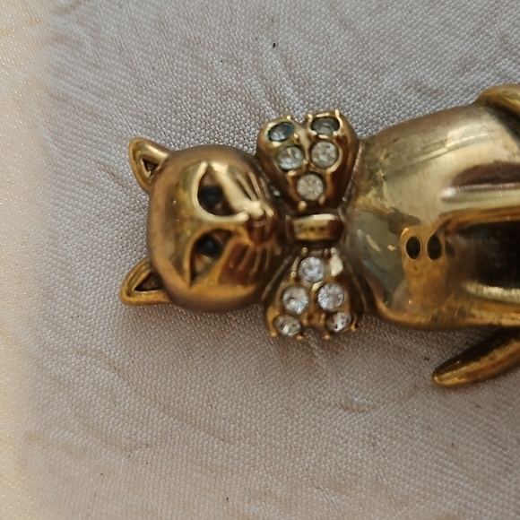 KREMENTZ Vintage Kitty Cat w/ Rhinestones Bow Brooch - Picture 3 of 6